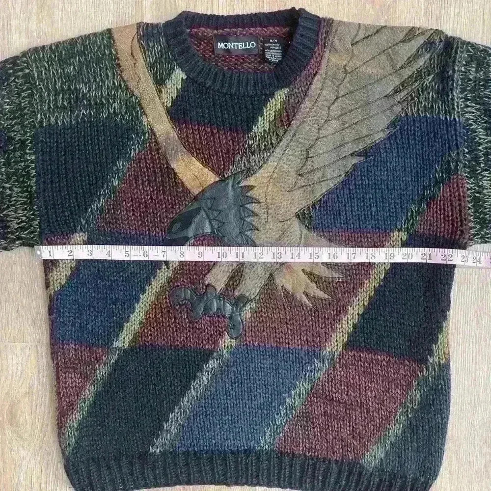 Vintage 90s Patchwork Knit Dad Sweater Bald Eagle w/ Leather Accents Medium - Picture 6 of 8
